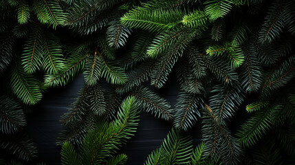 Christmas Decoration. Holiday Decorations with baubles, fir branches and present on dark black background. Border design. Top view.