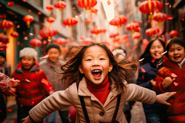 Chinese people celebrating Chinese New Year in the streets full of lanterns