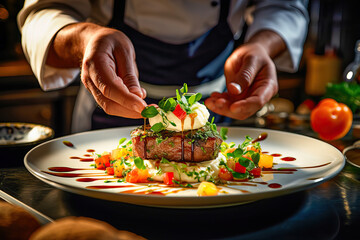 Hands of a haute cuisine chef decorating a meat dish