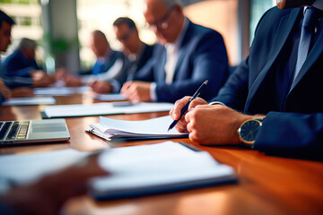 Closeup of a group of businessmen working in a meeting