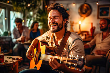 Man playing guitar at home with his friends at a party - obrazy, fototapety, plakaty