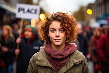 Young female activist at a demonstration for peace and against war