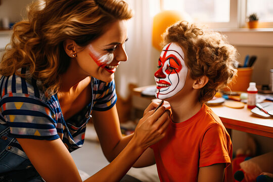 Mother painting her son's face as a clown on carnival day