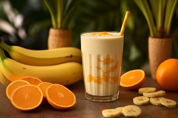 Enjoy a nutritious blend: a tasteful and velvety blend made with citrus fruit, tropical fruit, and plant-based milk, suitable for any hour. Generative AI