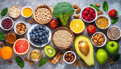 Healthy food with fruits, vegetables and grains - obrazy, fototapety, plakaty
