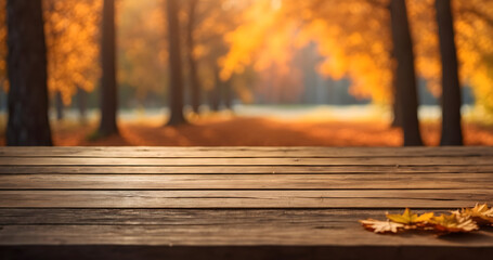 an empty wooden oak table and behind a beautiful autumn background,generated with ai 