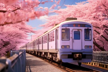 Fototapeta premium Japanese train amidst cherry blossoms along the railway during sakura season in spring. Generative AI