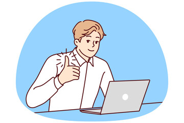 Fototapeta na wymiar Happy young businessman sit at desk work on laptop show thumb up. Smiling male employee recommend company service. Recommendation. Vector illustration.