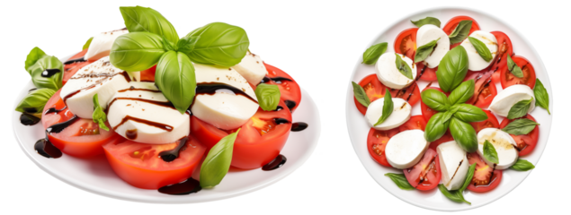 Bundle of  two Caprese Salads (side and top view) with fresh mozzarella, tomato and basil, isolated on white background