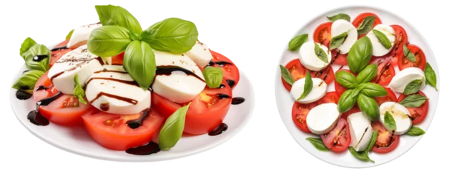 Fotobehang Bundle of  two Caprese Salads (side and top view) with fresh mozzarella, tomato and basil, isolated on white background © Flowal93