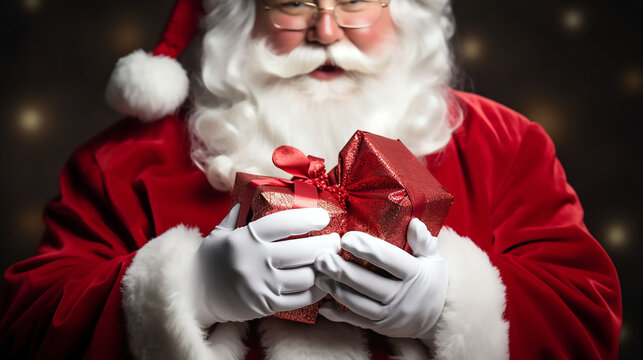Santa Claus de cerca con gafas y guantes blancos sujetando dos regalos de color rojo entres sus manos.