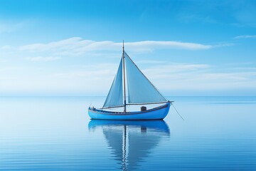 Boat with white sails in a calm blue sea. Reflection of a sailboat on the water. Generated by artificial intelligence