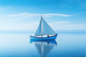 Fototapeta premium Boat with white sails in a calm blue sea. Reflection of a sailboat on the water. Generated by artificial intelligence