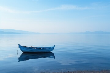 Fototapeta premium Blue wooden boat in a calm blue sea. Reflection of a boat on the water. Generated by artificial intelligence