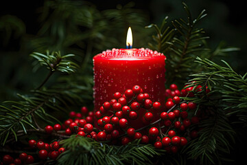 Close up of a candle in a spruce tree