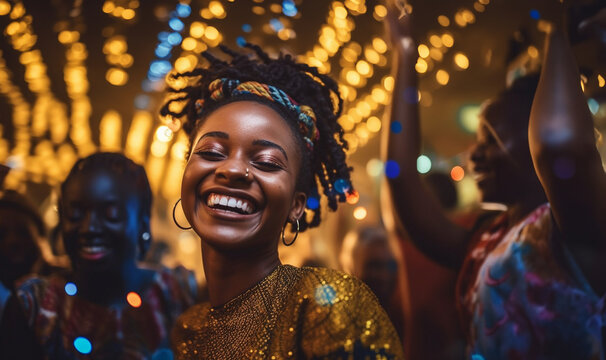 African American Woman Partying At Club, Enjoying Nightlife With Friends On The Dance Floor. Young Group Of People Having Fun Feeling Happy At Nightclub, Listening To Stereo Music. Tripod Shot.