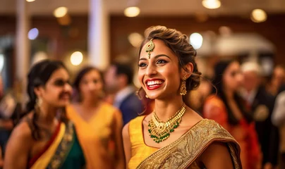 Foto op Plexiglas Traditional Indian hindu woman wearing sareeat a party. Beatiful woman celebrating a wedding © annebel146