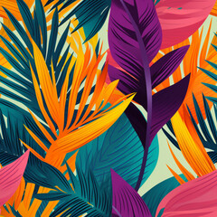 Tropical leaves seamless pattern on black background. Vector illustration.