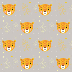 Children's patern with cute orange leopard and floral patterns on a gray background, hand drawn vector illustration.