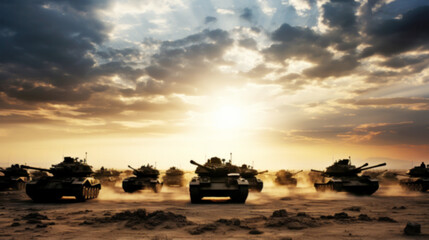 Silhouette of main battle tank on battlefield, Military or army special operation, Explosions and destructions caused by war, Army battles, artillery weapons, and force conflict, Blurred image