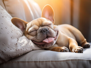 Tranquil Daytime Nap , Cheerful French Bulldog Resting Peacefully on Cozy Sofa.