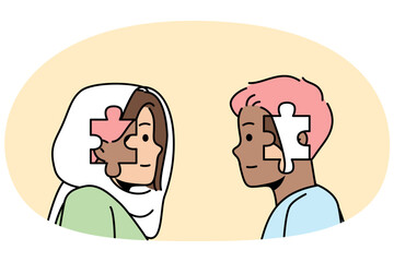 Multicultural woman, man trying to understand to each other. Multiracial guy, girl have different mentality, habits, lifestyle, values, education. Awareness, diversity. Vector outline illustration. - obrazy, fototapety, plakaty