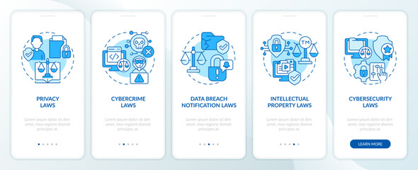 Fototapeta na wymiar 2D blue icons representing cyber law mobile app screen set. Walkthrough 5 steps monochromatic graphic instructions with thin line icons concept, UI, UX, GUI template.