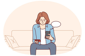Young woman sit on sofa at home buying online on cellphone pay with credit card. Smiling girl shopping pay on smartphone with application. Vector illustration.