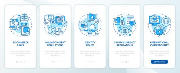 2D icons representing cyber law mobile app screen set. Walkthrough 5 steps blue graphic instructions with thin line icons concept, UI, UX, GUI template.
