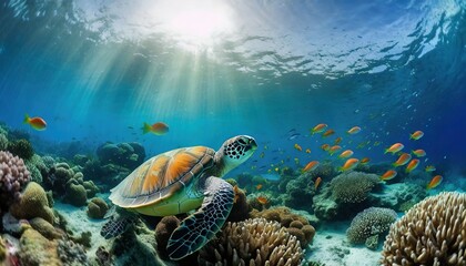 Naklejka premium coral reef and turtle