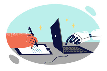 Coworking robot using laptop and human taking notes on paper, for concept introduction of AI