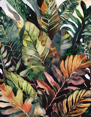 Abstract watercolor painted tropical leaves different shapes and sizes