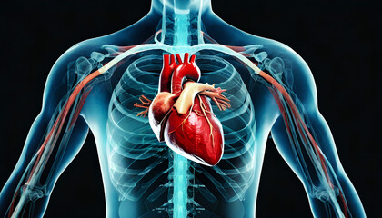 Male anatomy of the human Heart system. 3d rendering concept and medical technology network. Generative AI - obrazy, fototapety, plakaty