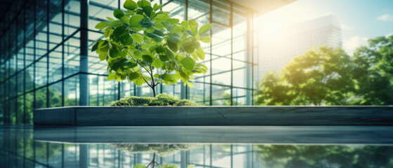 Eco-Friendly Office Building, Green Environment with Trees, Reducing Carbon Footprint.