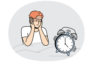 Guy in bed closes ears not to hear sounds in morning. Alarm clock is ringing. Getting up early for work, education. Sleeping man does not want to wake up. Vector linear colored isolated illustration.