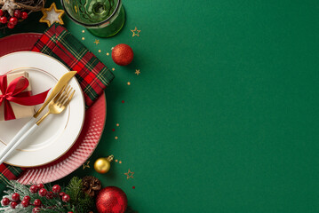 Christmas feast table concept. Top-view image of plates with present box, gilded flatware, checkered napkin, wine glass, baubles, glistening confetti, frosty fir, mistletoe berries with space for text
