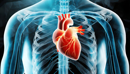Male anatomy of the human Heart system. 3d rendering concept and medical technology network. Generative AI