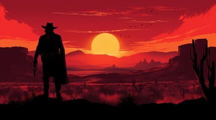 Cowboy silhouette. Cowboy in the wild west standing in the desert. Gunslinger silhouette. Minimalistic illustration. Generative AI
