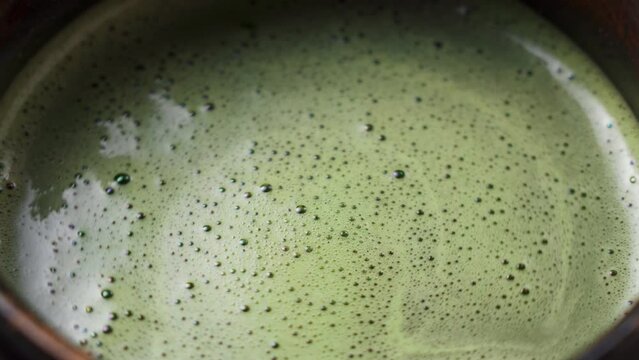 Close-up of matcha foam.