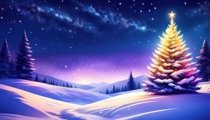 Fototapete Dunkelblau Beautiful abstract christmas tree in snowy landscape with copy space