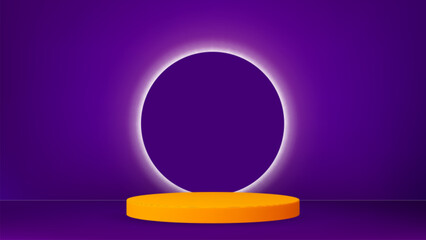 Podium 3d background with light circle. Decorative product stand empty, glowing effect and shadows. Realistic vector banner template