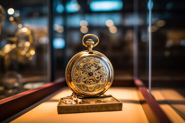 A museum display case features a vintage pocket watch