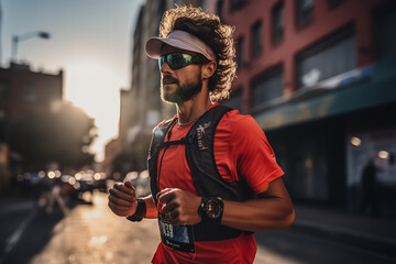A close-up shot of an elite runner's wrist as they glance at their high-performance GPS watch during a high-stakes marathon race - obrazy, fototapety, plakaty