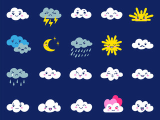 Obraz premium Weather kawaii characters icons. Emotional clouds, snow and sun, wind and rainy day symbols. Cartoon meteorology neoteric vector mascots