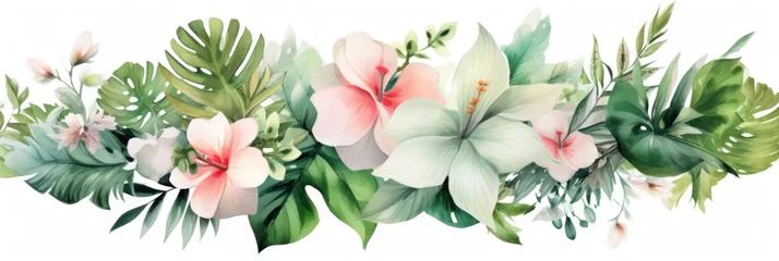Foto op Plexiglas Bouquets greeting or wedding card decoration, Watercolor of Tropical spring floral green leaves and flowers elements. © tong2530