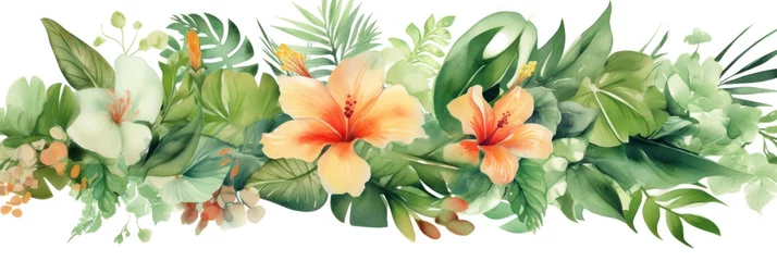 Deurstickers Bouquets greeting or wedding card decoration, Watercolor of Tropical spring floral green leaves and flowers elements. © tong2530