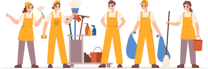 Cleaning team young characters. Cleat service staff, cute cartoon workers with broom, bucket, waste bags and sponge. Snugly people in uniform, vector concept