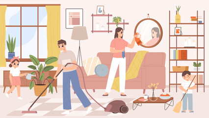 Cartoon happy family clean home, parents and children cleaning living room. Adults and kids doing seasonal housework together, snugly vector scene