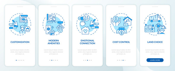 2D icons representing construction cost mobile app screen set. Walkthrough 5 steps blue graphic instructions with thin line icons concept, UI, UX, GUI template.