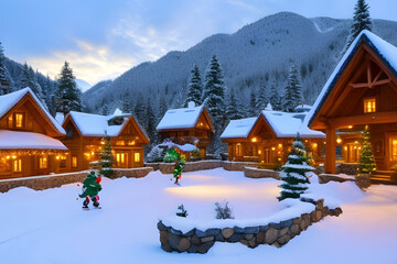 Enchanting Christmas Village in Snowy Valley Cozy Chalets Skaters Festive Lights